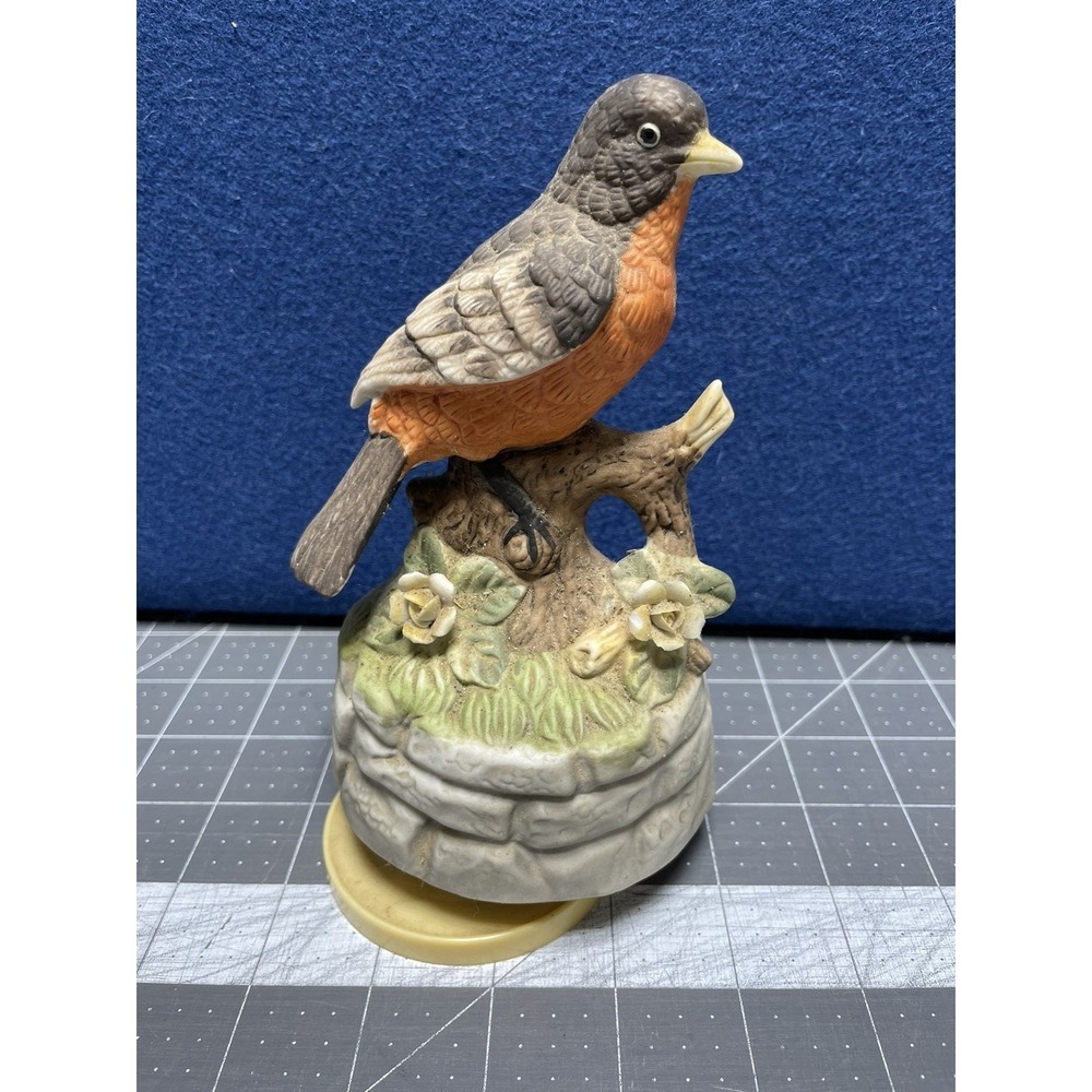 Porcelain Brown Robin Birds Music Box Over The Rainbow 7"‎ UCGC Japan